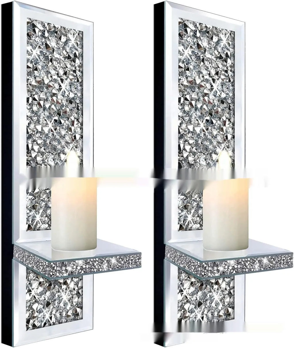 Pair of silver mirror glass wall candlestick holders measuring 10x11x38cm