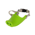 Blue silicone anti-bite mouth cover for dogs showing sizing on long-nosed pet