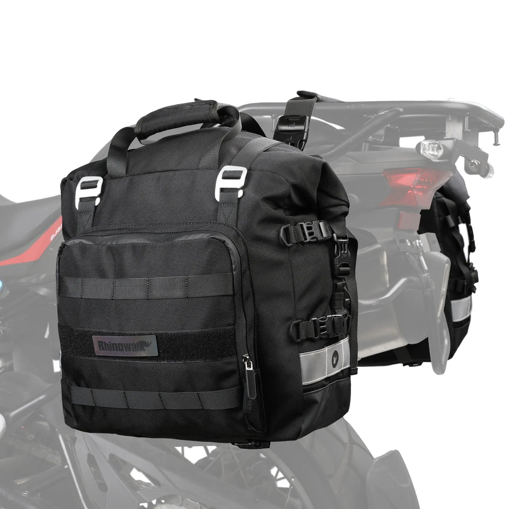 Black 20L quick release motorcycle side bag mounted on a bike.