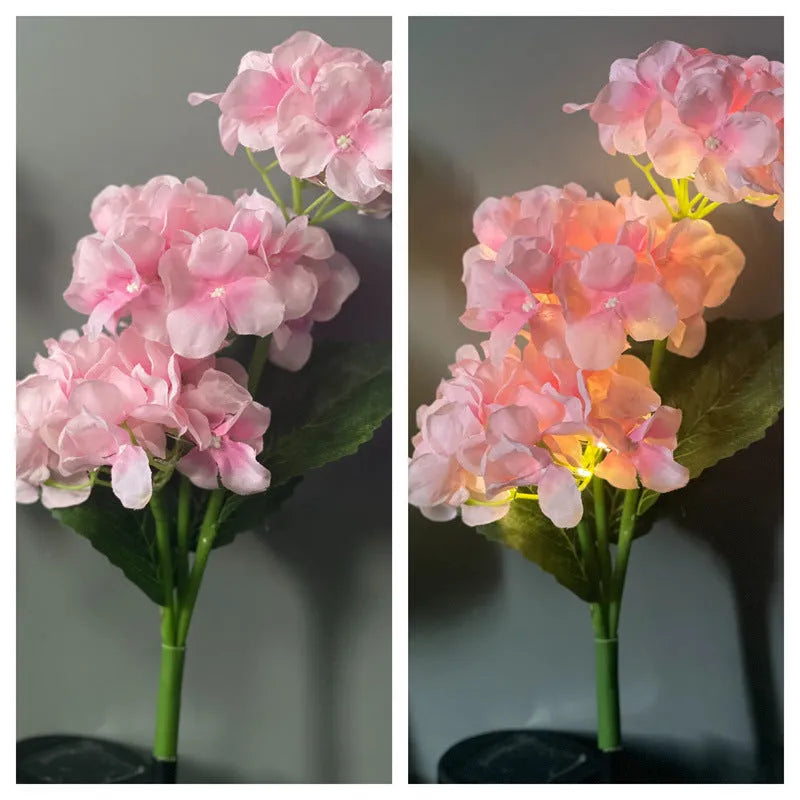 Solar hydrangea garden lights with plant modelling in outdoor setting showing colour variations