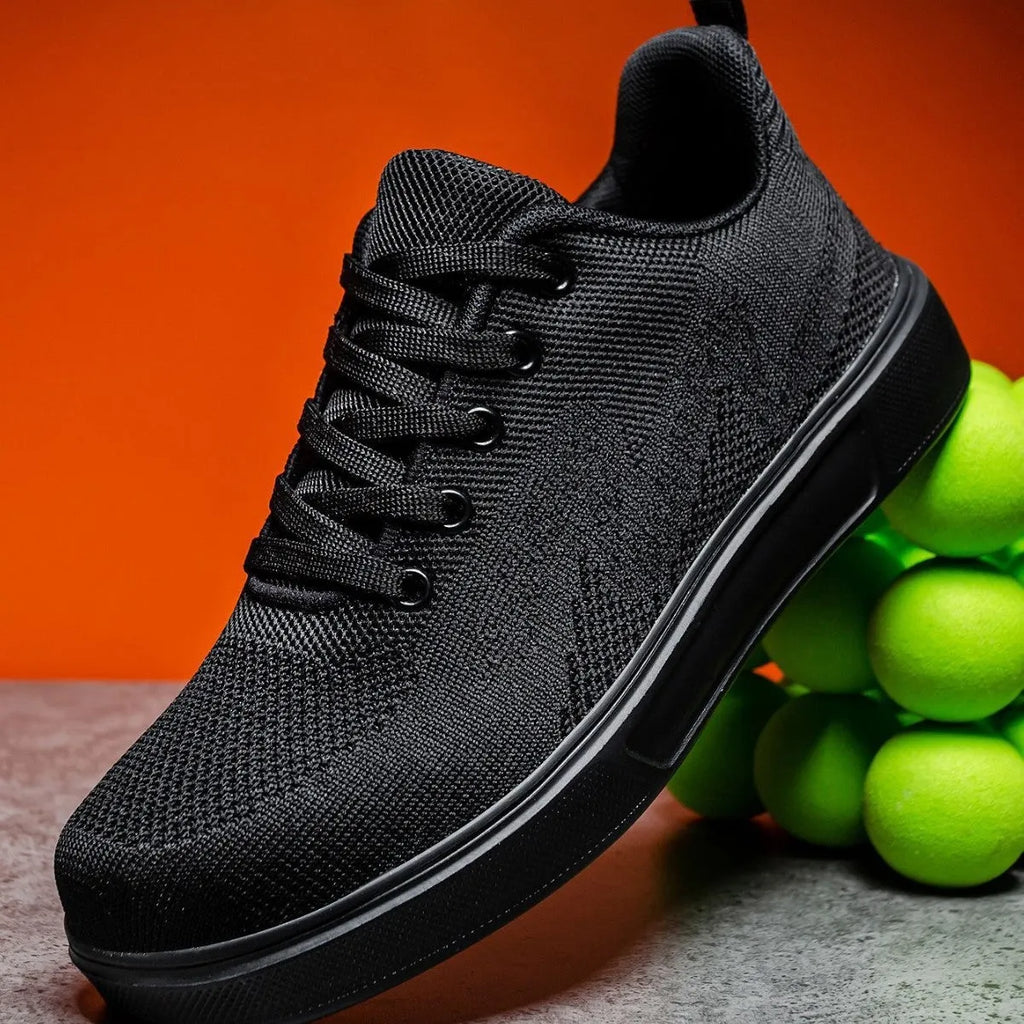Light white and black unisex casual board shoes with mesh upper and thick EVA sole.