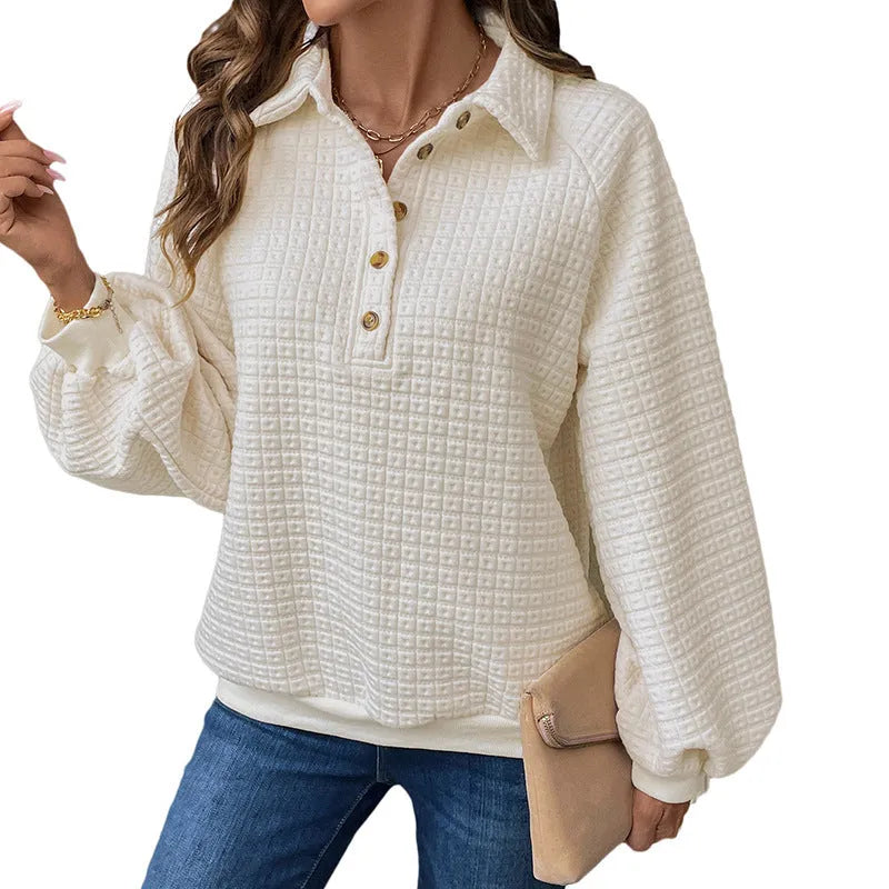 Women's milk white polo collar thick sweater with textured fabric and long sleeves