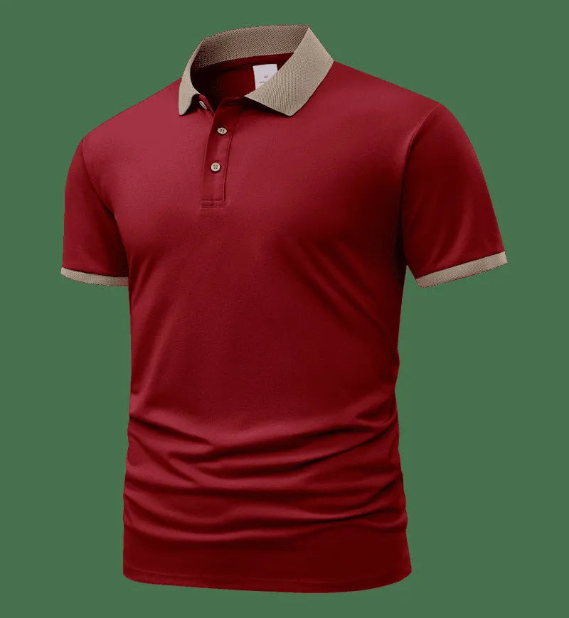 Summer polo shirt in ice silk fabric showing flocking detail and short sleeve design