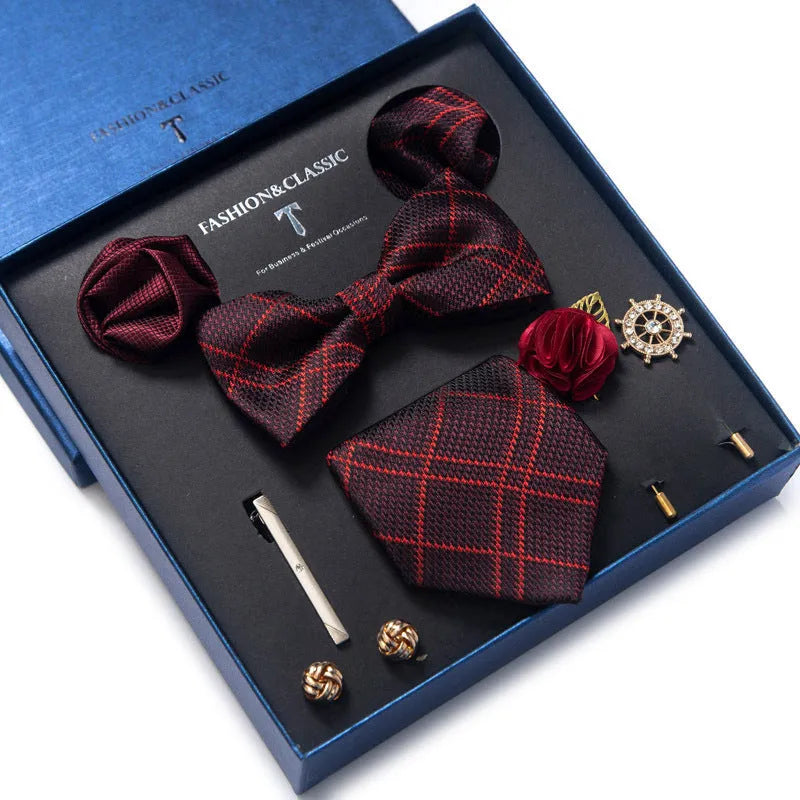 Men's 8-piece rayon jacquard bow tie set, heart shape arrow style, monochrome pattern, 146cm length
