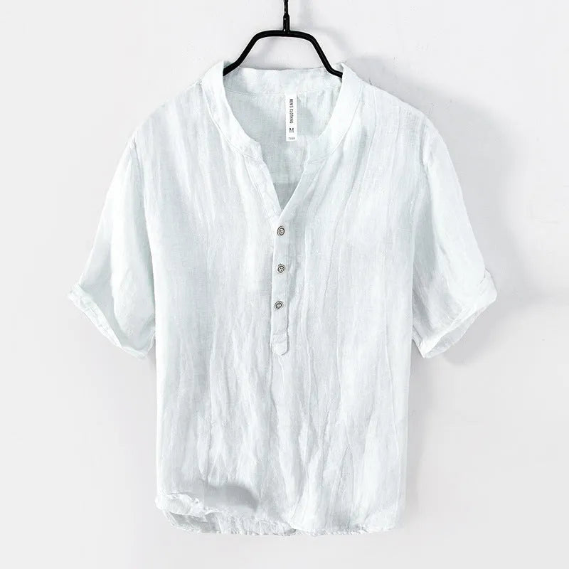 Retro linen pullover top in solid colour with short sleeves on mannequin