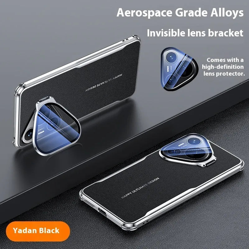 Leather Huawei phone case in black showing integrated metal stand deployed.