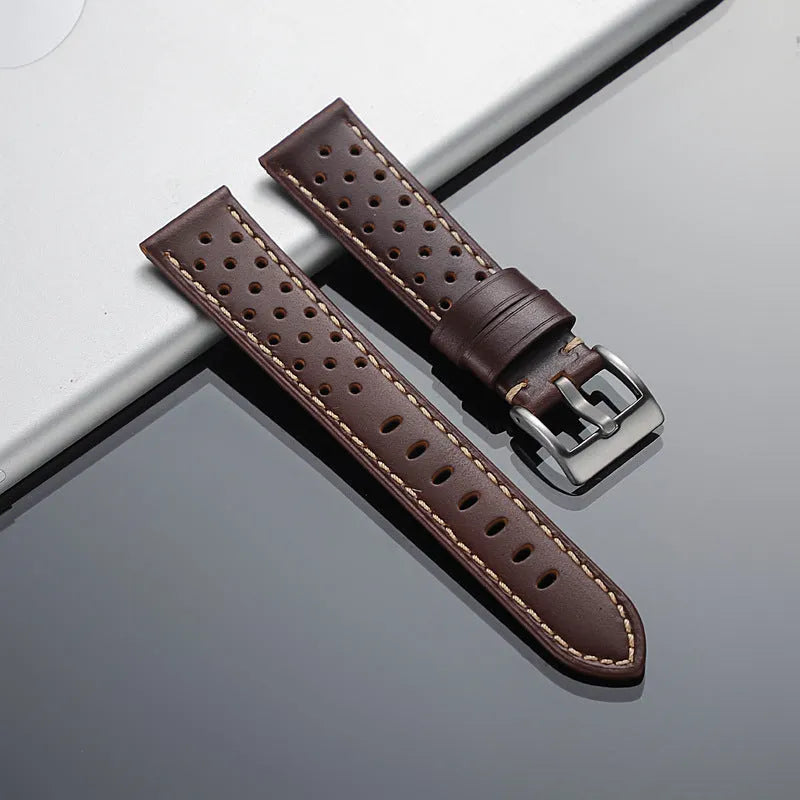 New business hollow-out first layer cowhide watch strap in six colour options on white background