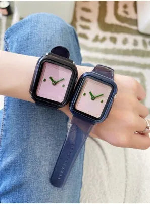 Brown transparent silicone Apple Watch strap showing clear construction and band attachment mechanism