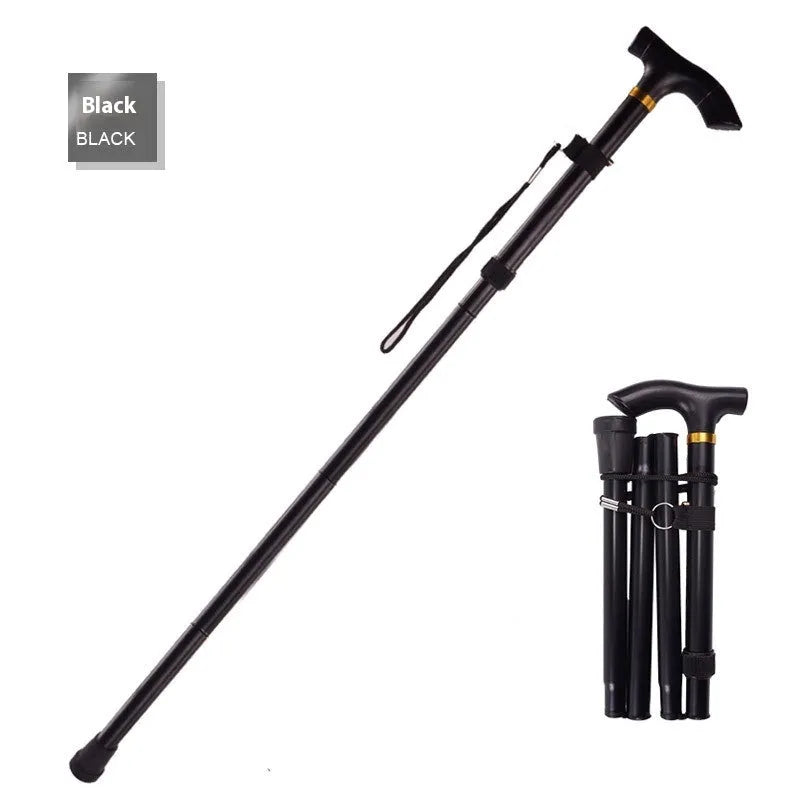 Aluminium folding walking cane with a non-slip handle, shown extended and in silver colour.