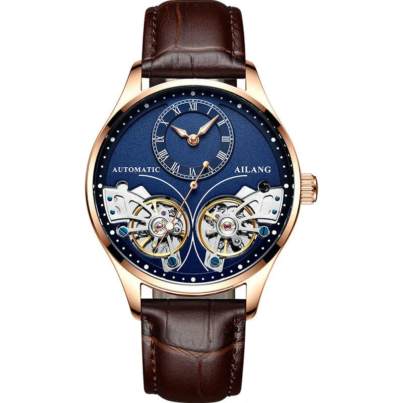 Automatic men's wristwatch with titanium case, round black dial showing tourbillon and moon phase.