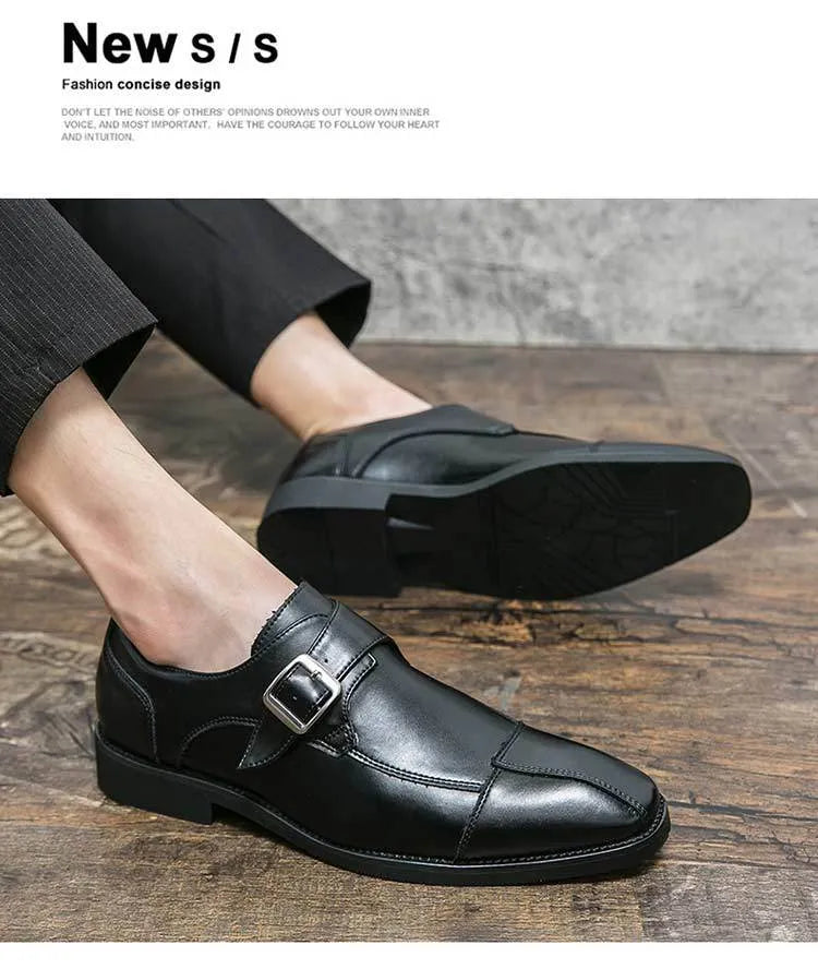 Men's brown blue and black retro buckle leather shoes with tall crown microfiber upper