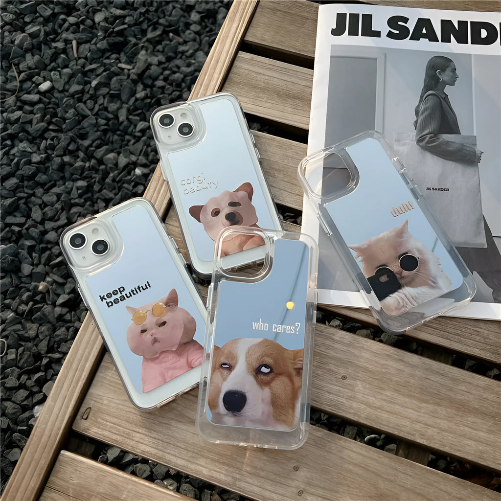 Mirror acrylic phone case with funny pet dog and cat design for iPhone, anti-fall protective back cover