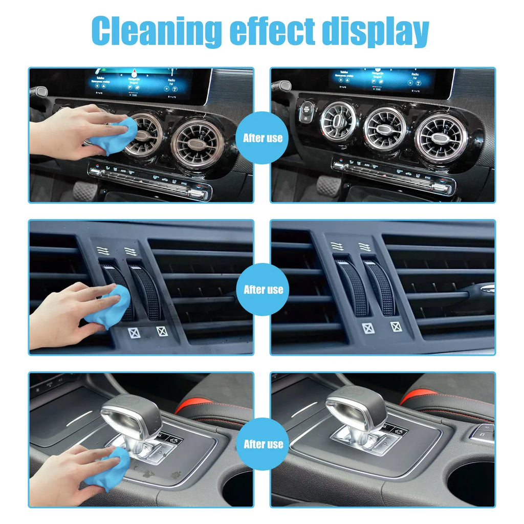 Piece of grey car cleaning putty on a car dashboard near air vents.