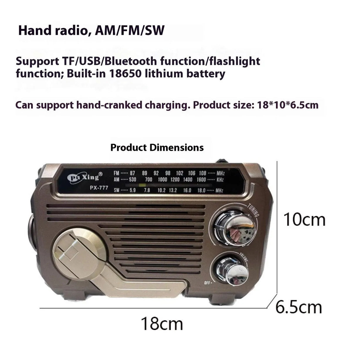 Hand portable radio with solar panel, aluminium alloy body, and Bluetooth speaker. 180x66x113mm size. Random colour.