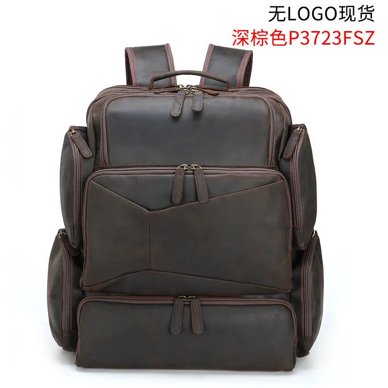 Dark brown leather backpack for men with 17-inch laptop compartment and multiple internal organisers