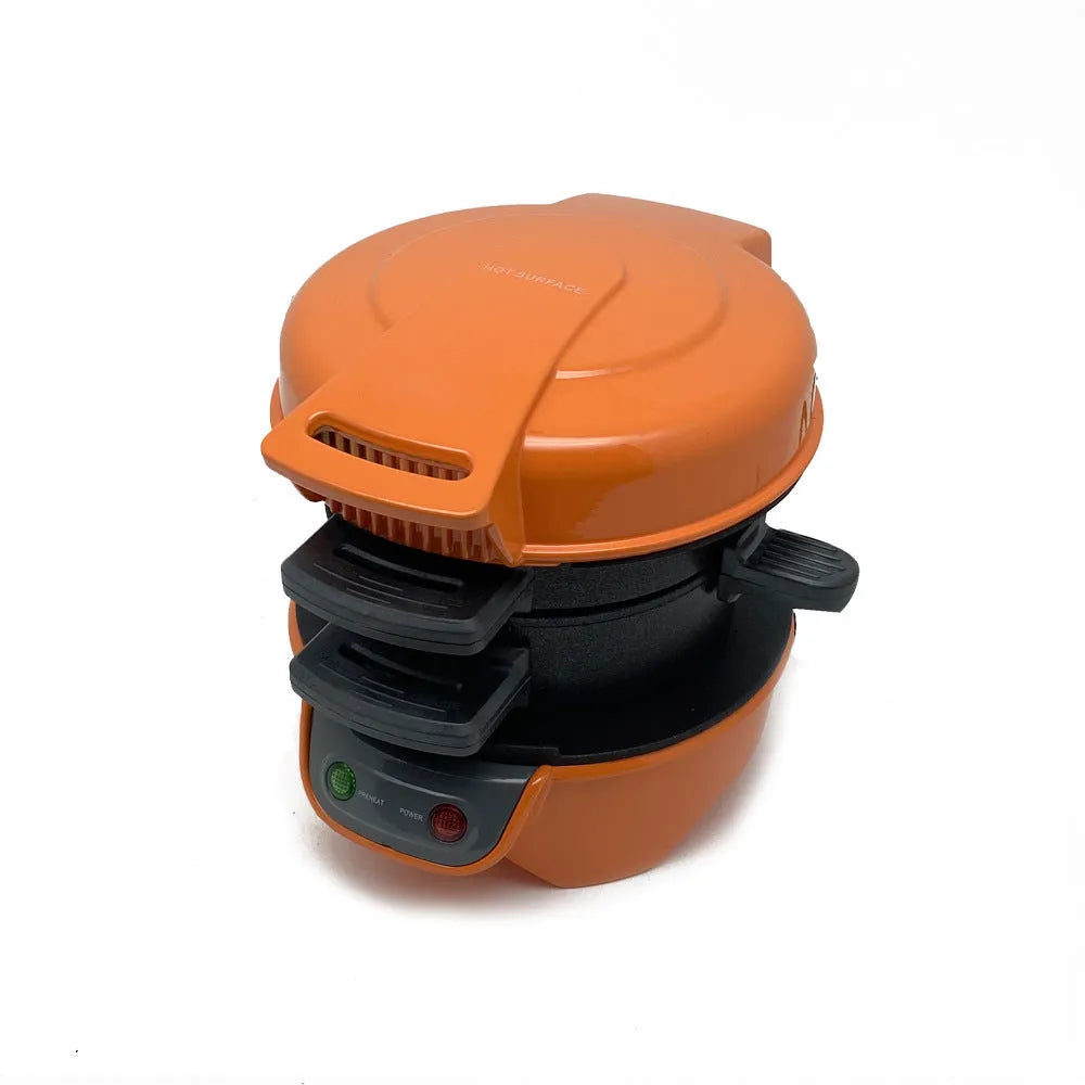 Bright red household breakfast machine with sandwich maker, egg cooker ring, and waffle functions