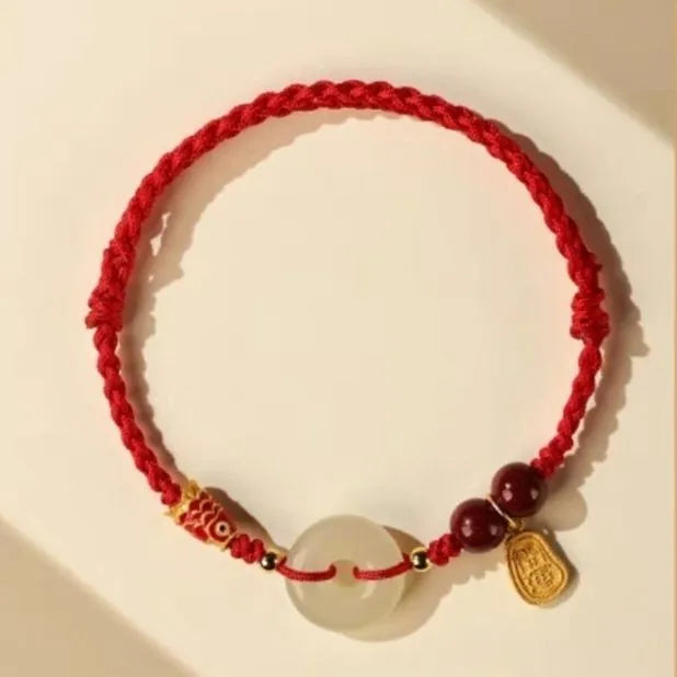Hetian Jade peace buckle bracelet with colourful braided rope and 10mm geometric pendant