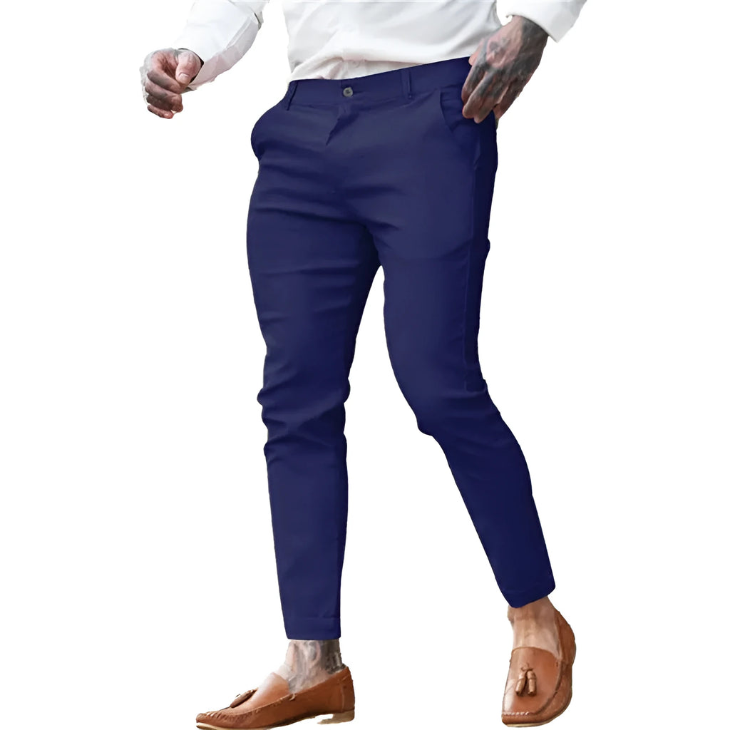 Men's high-stretch cotton-twill slim pencil trousers in solid colour, mid waist with zipper fly