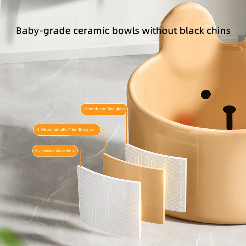 White and yellow ceramic pet bowls with raised neck guards in two sizes.