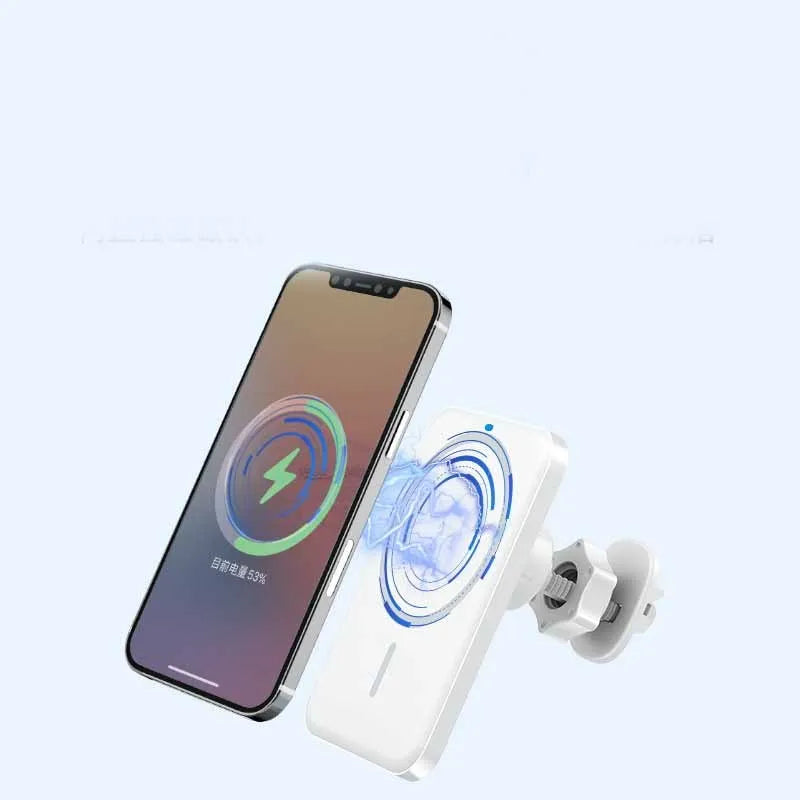 Black car magnetic wireless charger mounted on vehicle air vent with phone attached