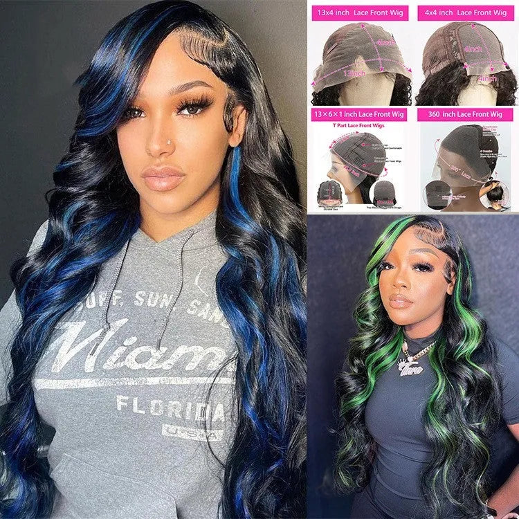 A woman wearing a real human hair lace front wig with a 4x4 lace closure, showcasing long, styled hair.