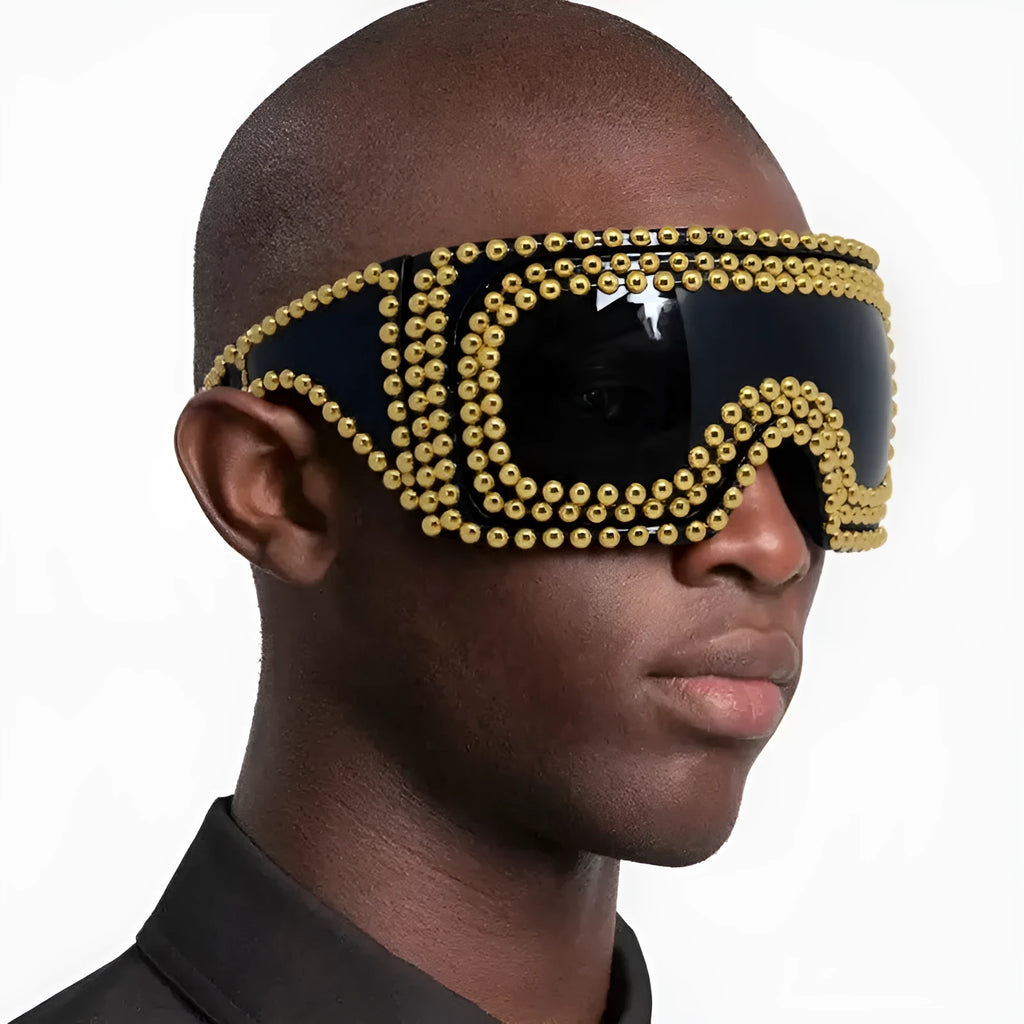 Men's square sunglasses with large rim and punk rivet detailing in silver or gold colours