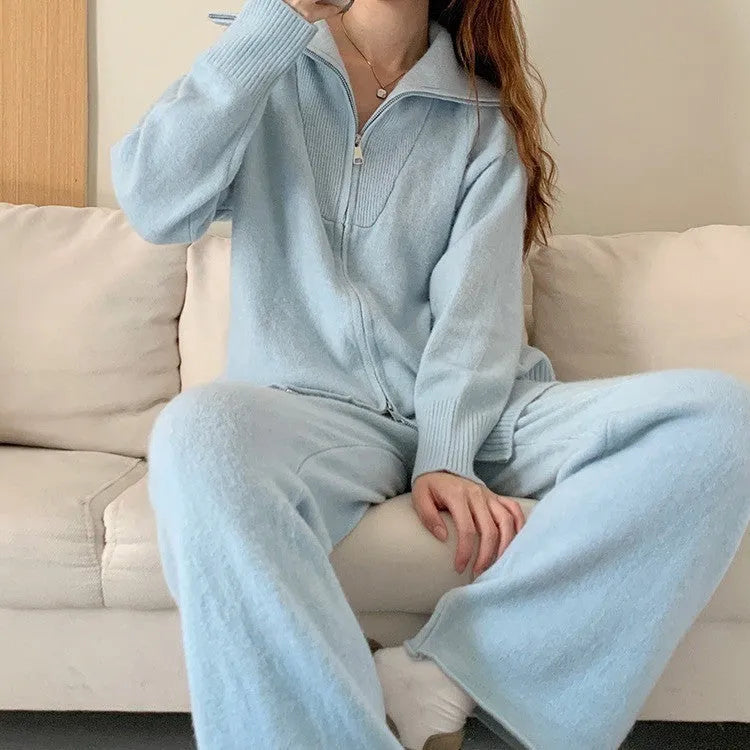 Knitted zipper cardigan and wide leg trousers two-piece set in solid colour
