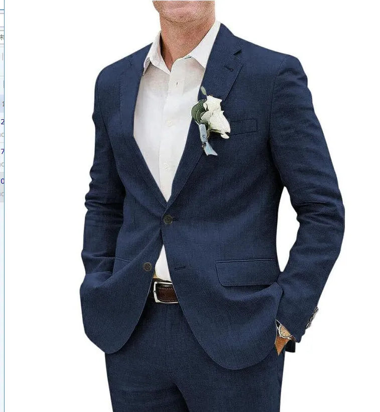 Men's beige linen blend two-piece suit with slim fit tailoring for light business wear