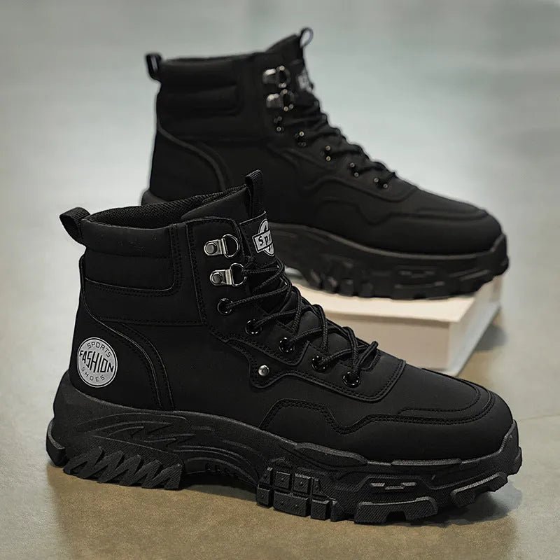 Men's black and yellow Martin boots with a mid-height heel and high-top design.