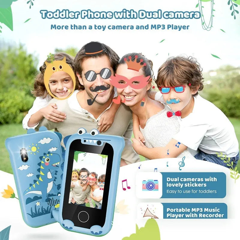 Blue educational toy mobile phone with silicone case showing touch screen and camera functions