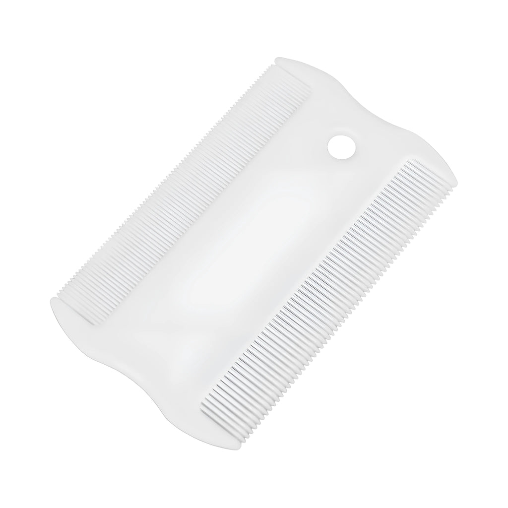 Double-sided plastic flea comb for pets on a white background, showing dense teeth and compact 8.5 cm size.