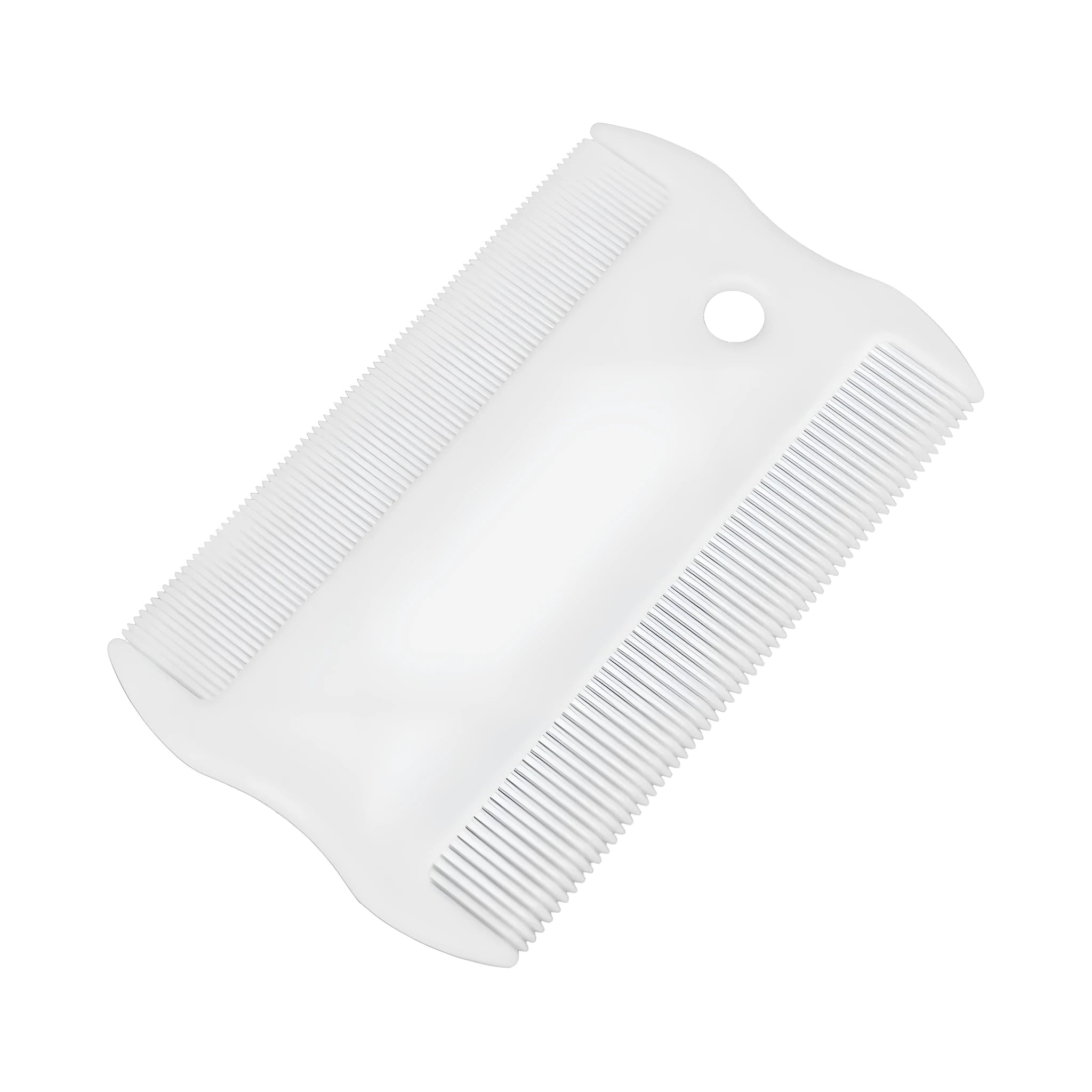 Double-sided plastic flea comb for pets on a white background, showing dense teeth and compact 8.5 cm size.