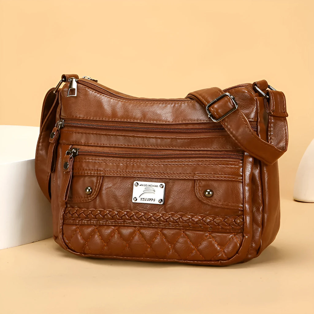 New fashion wash soft PU leather shoulder bag in horizontal square shape, 26x19x8cm, black colour with three-dimensional pocket