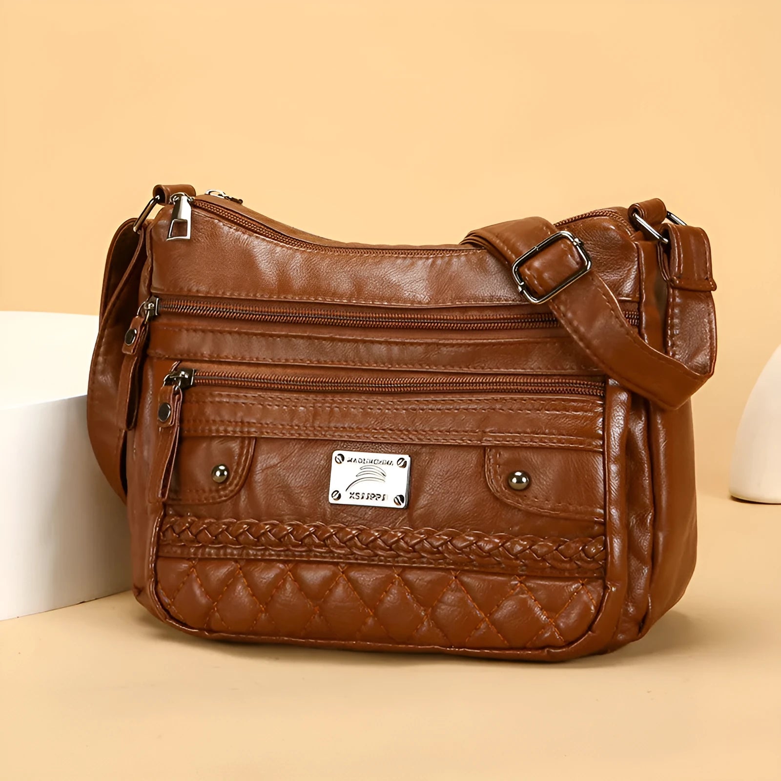New fashion wash soft PU leather shoulder bag in horizontal square shape, 26x19x8cm, black colour with three-dimensional pocket