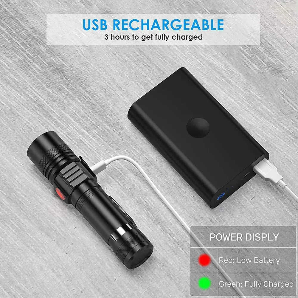 Telescopic zoom USB rechargeable T6 strong LED flashlight in black aluminium alloy body for outdoor use