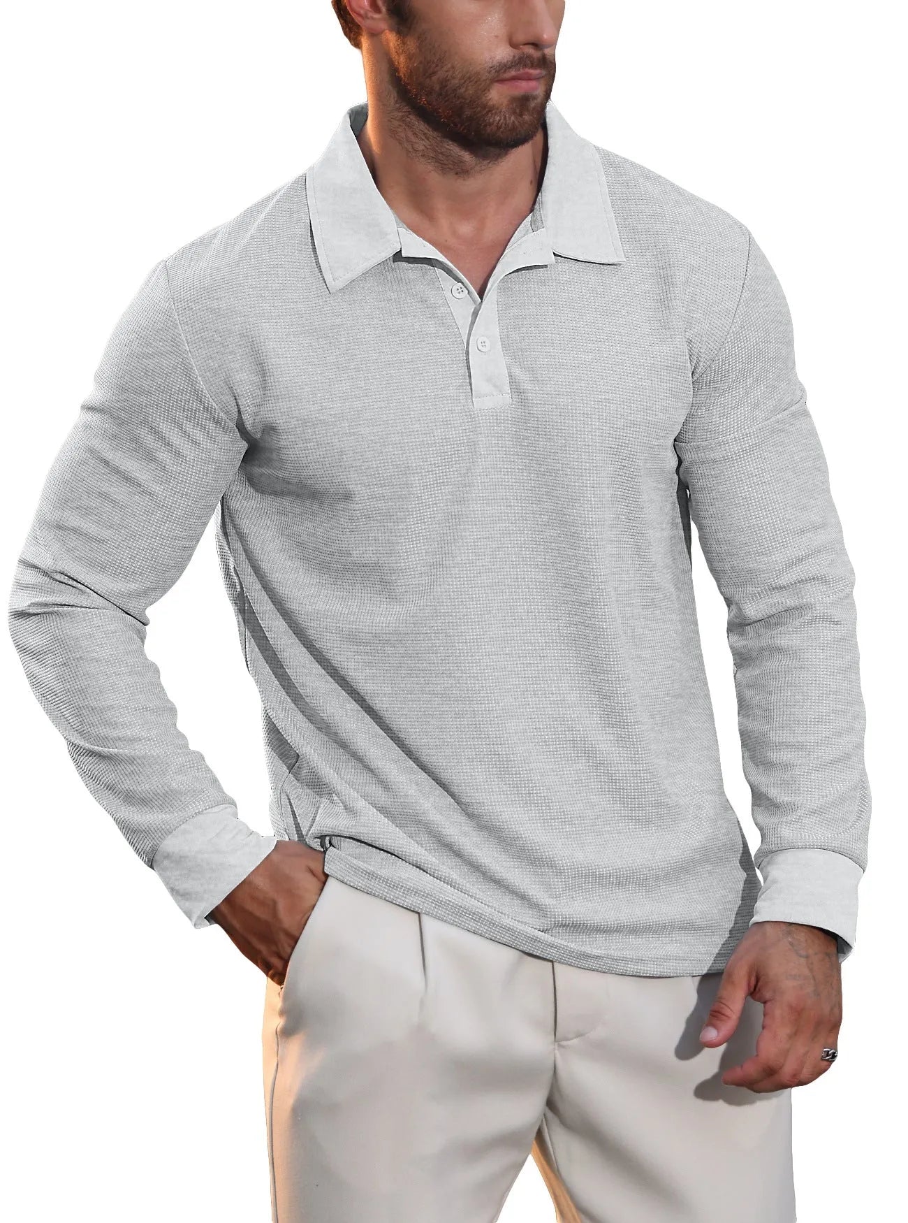 Men's lapel grid pattern long sleeve polyester sweater in autumn colours, front view