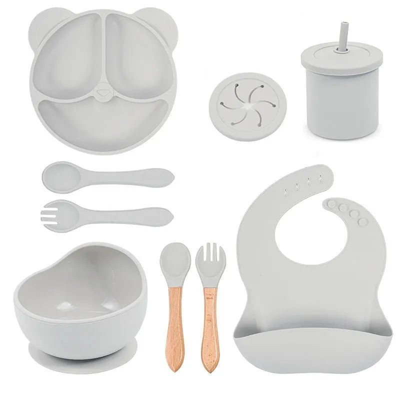 Panda Silicone children's tableware set with cat ear design cups in multiple colours on a table