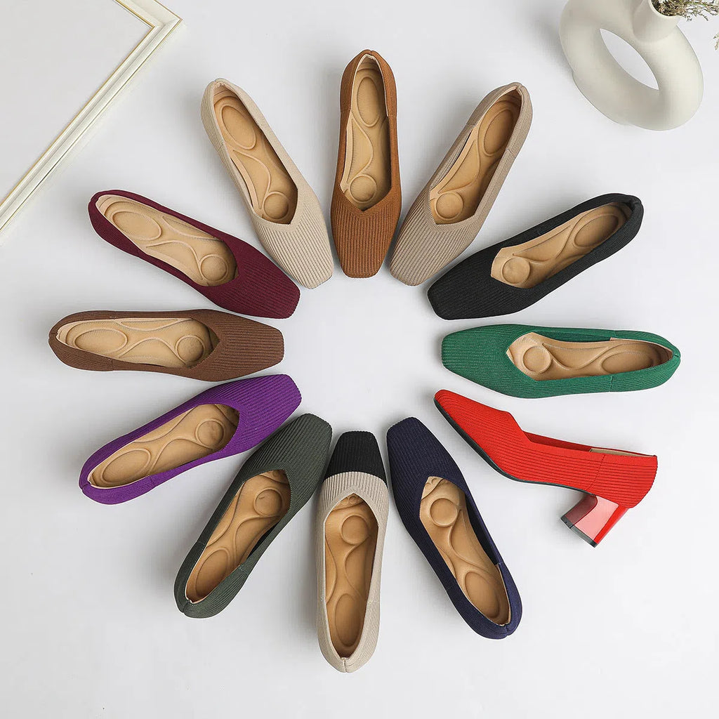 Women's knitted block heel shoes square toe breathable fabric upper mid-heel 3-6cm for commuting