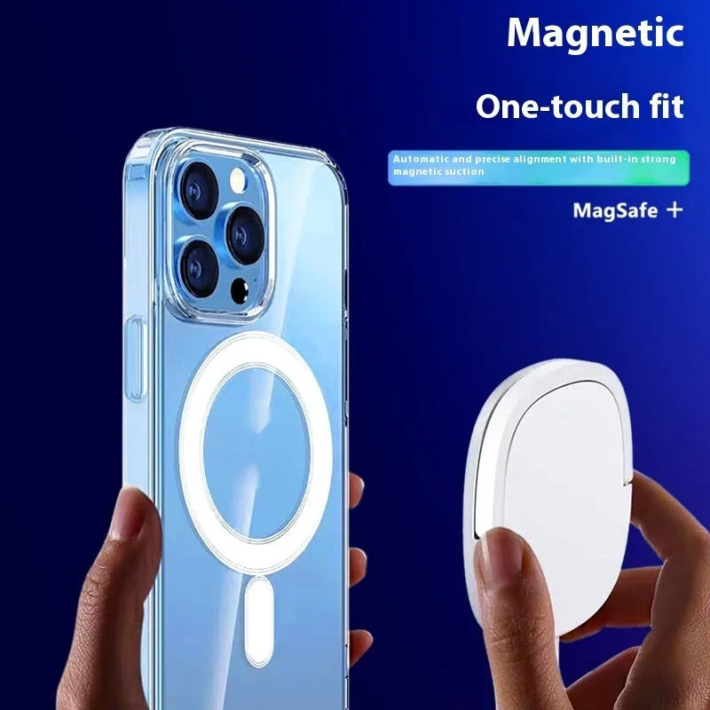 Magnetic transparent PC phone case with airbag edges for iPhone 15 Pro Max, clear finish.