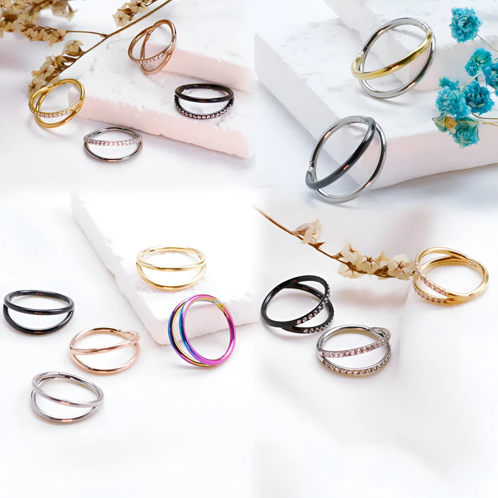 F136 titanium alloy fork nose ring with diamond cut finish in silver colour, on display