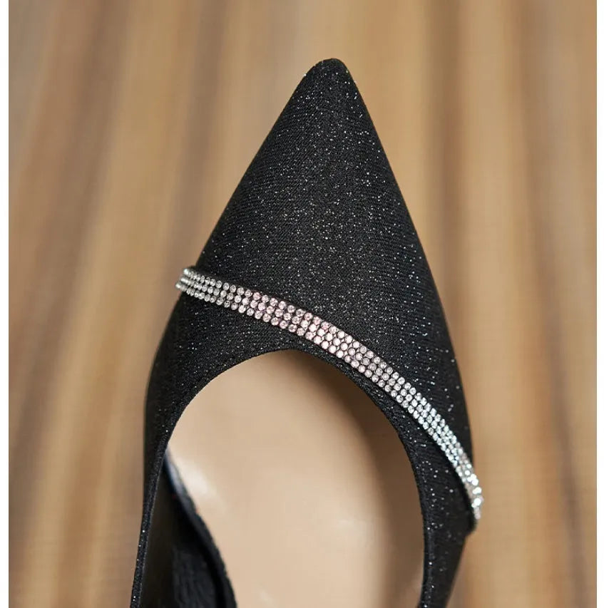 Black French style sequined high heels with 7cm thin heel on beef tendon sole