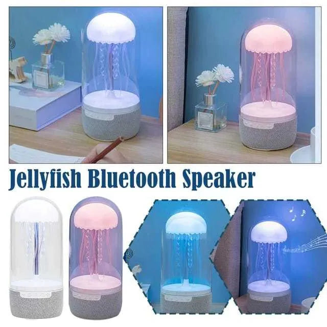 White compact 3-in-1 Bluetooth speaker jellyfish lamp with LED colour lights on a desk