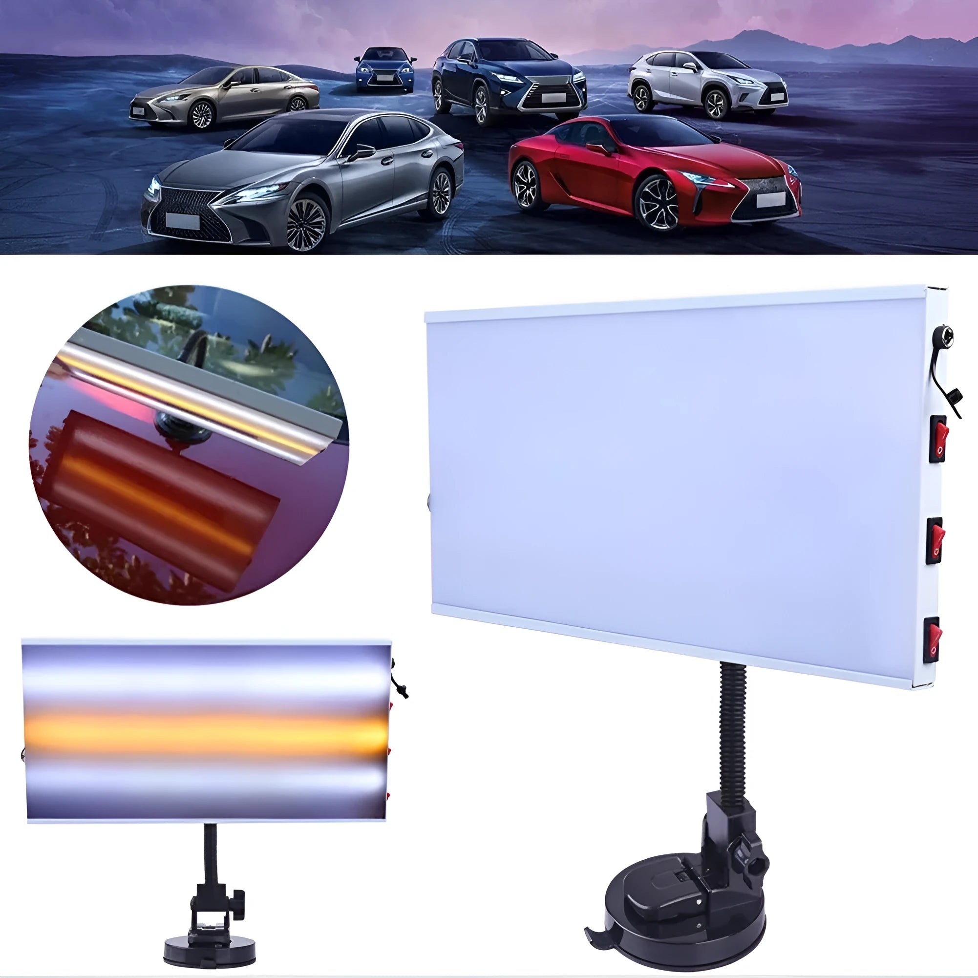 White car dent repair detector kit with concave inspection light for automotive bodywork assessment