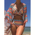 Three-piece bikini cross bandage swimsuit with high-waist briefs and smock, available in blue, red, green, rose red