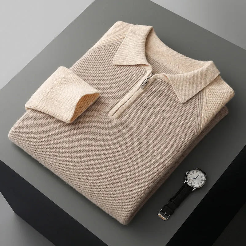 Men's wool half zipper contrast color lapel sweater in wheat camel colored slim fit winter pullover