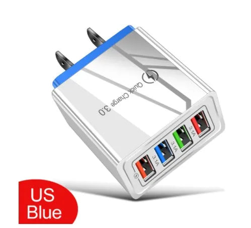 4-port USB mobile phone charger with illuminated indicators in multiple colour options