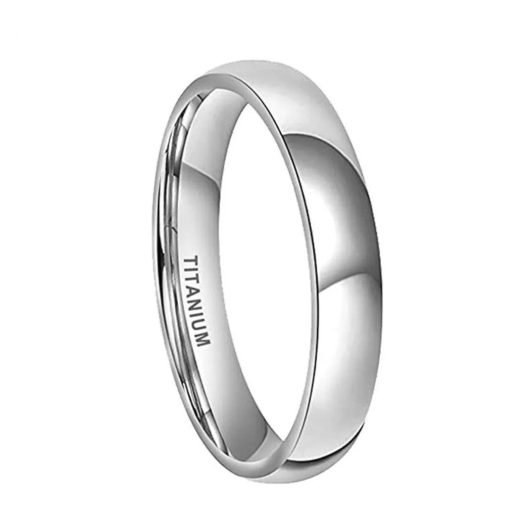 Solid titanium steel unisex ring in matte silver finish, shown in 2mm, 4mm, and 6mm band widths.