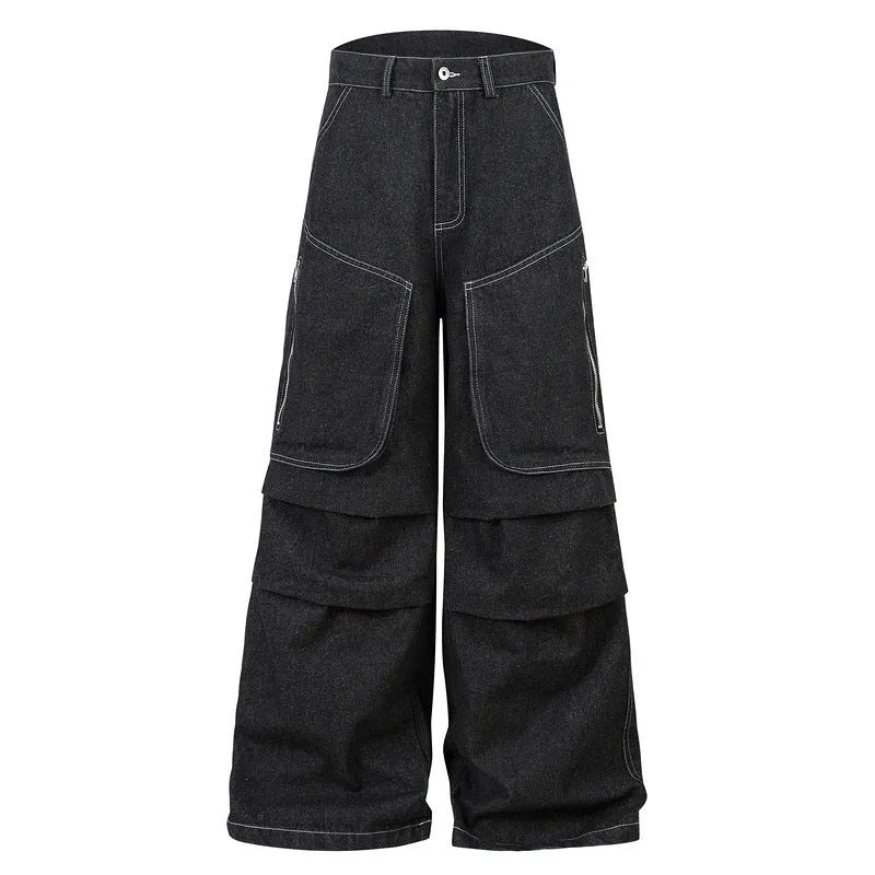 Black multi-pocket pleated workwear jeans in cotton denim fabric