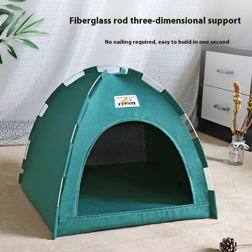 Grey tent-style dog bed with removable cover for small and medium breeds.