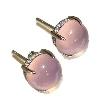 Chinese style round chalcedony stud earrings with four-claw settings in three colour options